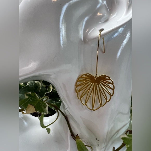 Gold Delicate Leaf Earrings - Long Minimalist Brass Earrings - Picture 4 of 11